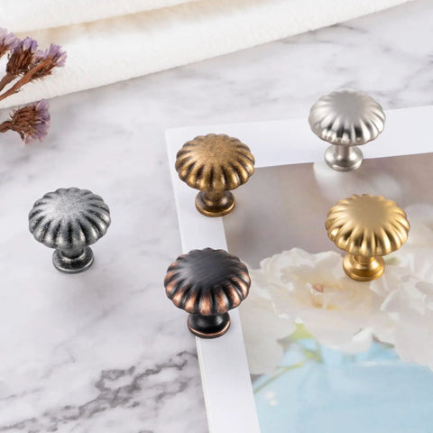 Round Antique Brass Cabinet Knobs 1-1/4 Inch, 10 Pack, Beefy Heavy Duty Metal Hardware With Rust Resistant Finish, Includes Two Screw Sizes 1 Inch And 1-1/2 Inch For Easy Installation On Kitchen And Bathroom Cabinets. Assorted finishes on round cabinet knobs