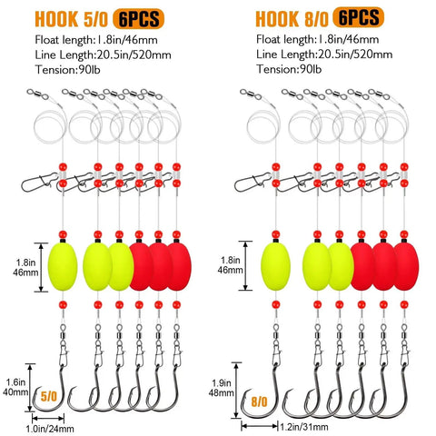 Fish Finder Surf Rig With Float 20.5 Inch 90 Lb Tackle For Shark Bluefish Striper Stripers Six Piece Eight O Hooks Designed To Handle Wind And Current For Natural Bait Action displayed with two hook sizes 5/0 and 8/0