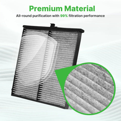 High-efficiency engine and cabin air filter set for Subaru Forester 2.5L 2019-2024, shown with close-up of filtration material