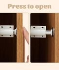 Set Of Two White Push To Open Magnetic Cabinet Door Latches in action, close-up of finger pressing button to open cabinet.
