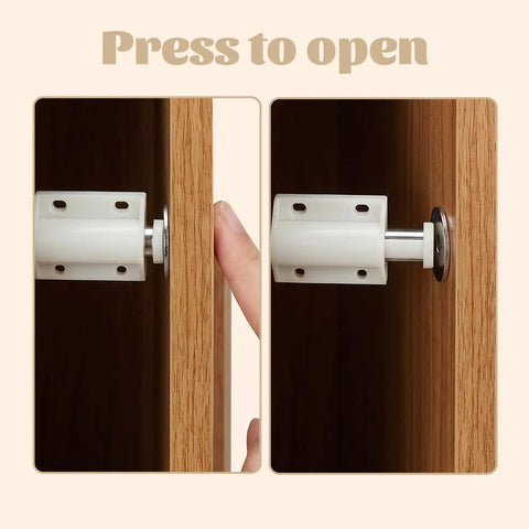 Set Of Two White Push To Open Magnetic Cabinet Door Latches in action, close-up of finger pressing button to open cabinet.