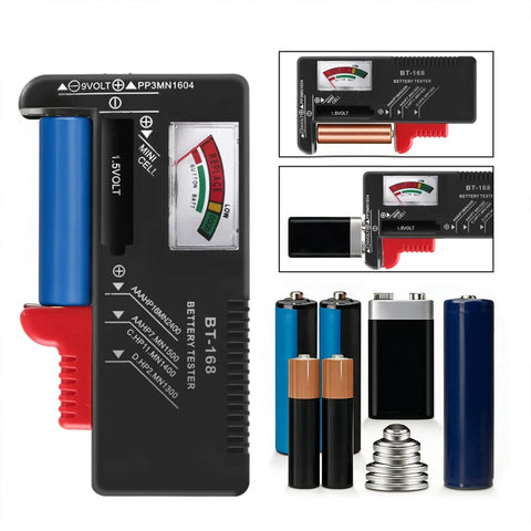 Handy Universal Battery Tester BT 168 Checker For AA AAA C D 9V And Button Cells No Battery Needed To Run Portable Pocket Power Meter For Home Office And Workshop Quick Battery Health Readouts with AA, 9V, and button cells