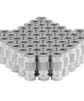 Top Shelf High Flow 3/8 Inch FNPT Pneumatic Coupler Built Tough For Daily Shop Work Quick Connect Air Line Fitting 300 Psi Rating Made In USA Real Deal Silver Steel Bulk Pack Of Fifty Pieces arranged in a square for easy storage.