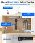 Under-sink view with 15UA-UF 0.01 Micron Under Sink Water Filter System, showing dimensions and fit with coffee mug and dish soap nearby.