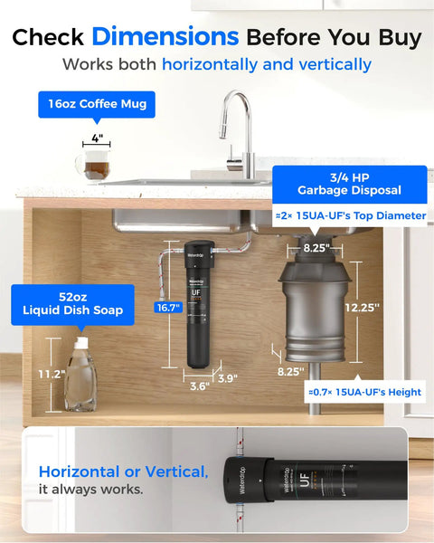 Under-sink view with 15UA-UF 0.01 Micron Under Sink Water Filter System, showing dimensions and fit with coffee mug and dish soap nearby.