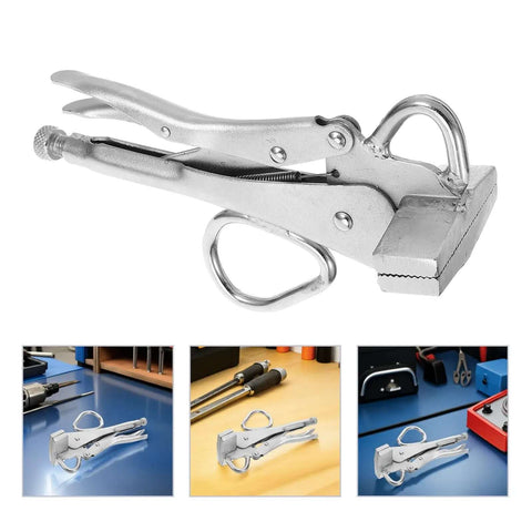 Heavy Duty Auto Body Pulling Clamp Pliers Locking Sheet Metal Welding Tool with Extra Wide Duckbill Jaw in workshop setting