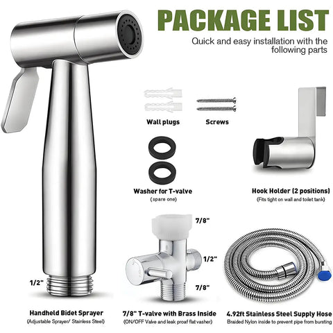 Package list for Handheld Bidet Sprayer For Toilet With Stainless Steel Build And Adjustable Water Pressure Easy Install