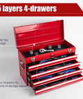 Open red 4-Drawer Heavy Duty Metal Tool Chest with visible drawers and tools inside, showing lockable organizer for garage workshop.