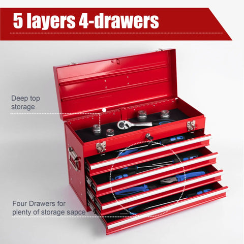 Open red 4-Drawer Heavy Duty Metal Tool Chest with visible drawers and tools inside, showing lockable organizer for garage workshop.