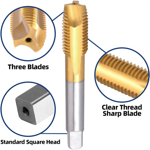 Close-up of M14 X 2 Spiral Point Tap with titanium-coated sharp blades, clear thread, and square head for precise threading.