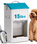 Top Notch Galvanized Gravity Auto Dog Feeder With 15 Lb Size and Rust Resistant Stainless Steel Shovel beside a happy dog.