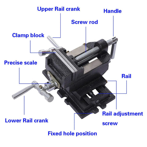 3 Inch Cross Slide Drill Press Vise For Mini Milling Machines And Bench Top Woodworking, compound table clamp shown with rail, screw rod, and handle