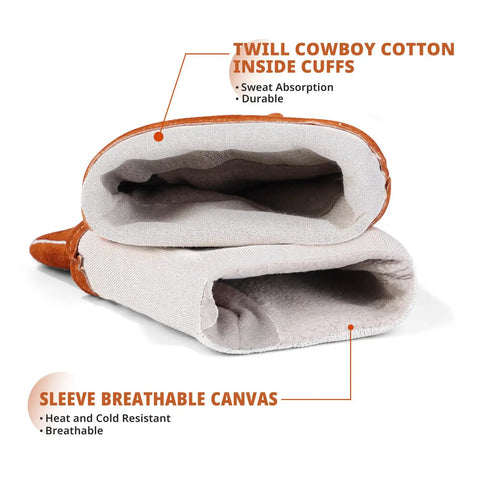 Close-up of Heavy Duty 14 Inch Welding Gloves Heat Resistant Leather with cotton cuffs, showing sweat absorption and breathability features.