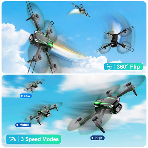 1080P HD FPV Foldable Drone For Kids And Adults Beginners with 3D flips and speed modes in mid-air against cloudy sky