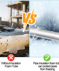 Comparison of a frozen pipe without insulation and a protected pipe with 12 Pack Foam Pipe Insulation Wrap With Self Adhesive Aluminum Foil Shield