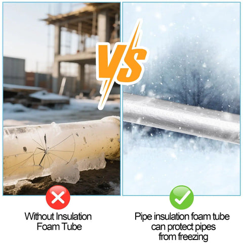 Comparison of a frozen pipe without insulation and a protected pipe with 12 Pack Foam Pipe Insulation Wrap With Self Adhesive Aluminum Foil Shield
