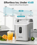 Nugget Ice Maker Countertop With 42 Lbs Per Day Output 24 Hour Ice Machine on kitchen counter with drinks, showing noise level chart.