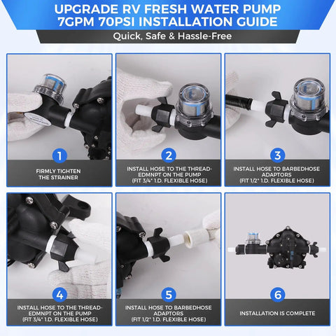 Installation guide for Upgraded 110V AC Fresh Water Pump 7GPM 70PSI Five Chamber Self Priming Diaphragm Pump with Strainer.