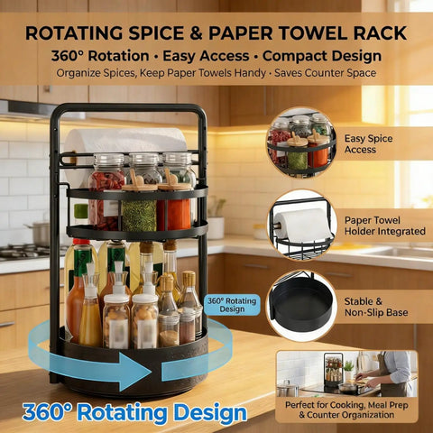 Rotating Spice Rack With Paper Towel Holder, 2 Tier Lazy Susan For Spices And Seasonings, Kitchen Must Have Countertop Organizer
