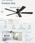52 Inch Flush Mount Ceiling Fan With Remote Control, Dope Low Profile Black Design, Quiet DC Motor, No Light, Indoor Outdoor Use