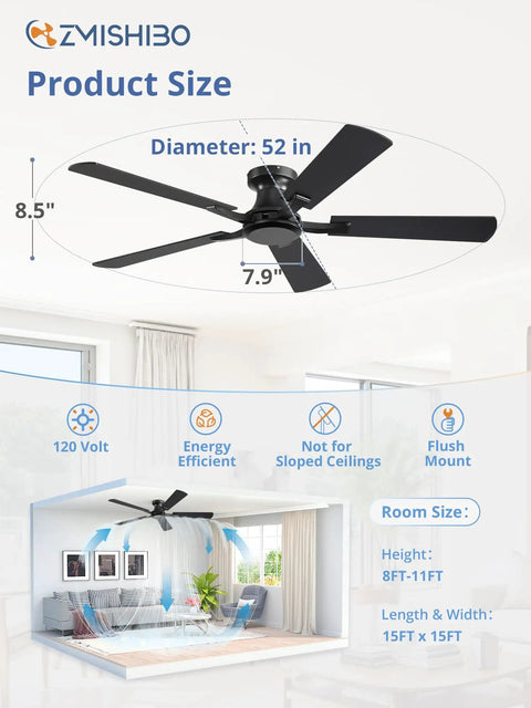 52 Inch Flush Mount Ceiling Fan With Remote Control, Dope Low Profile Black Design, Quiet DC Motor, No Light, Indoor Outdoor Use