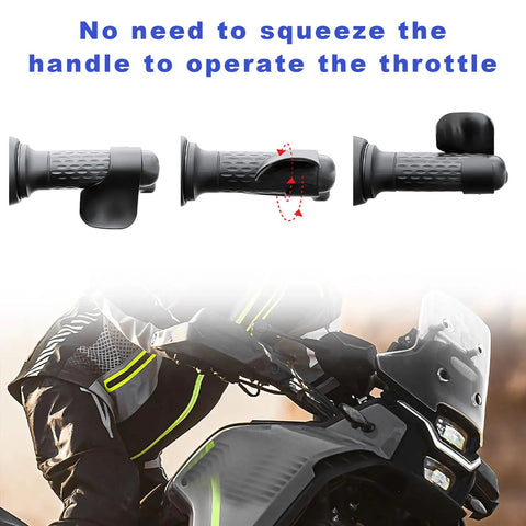 Universal Motorcycle Cruise Control Assist And Throttle Stabilizer Handlebar Wrist Grip shown from multiple angles demonstrating use.