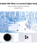 Winter scene comparing ND2-32 filter effect on iPhone with clip on 67mm variable ND32 magnetic phone lens for mobile photography.