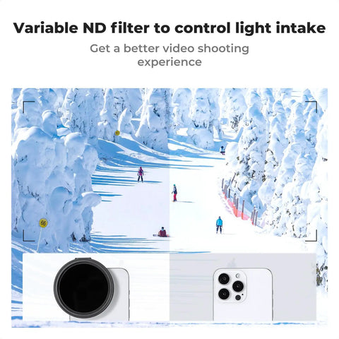 Winter scene comparing ND2-32 filter effect on iPhone with clip on 67mm variable ND32 magnetic phone lens for mobile photography.