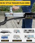 7 Way Trailer Plug And Inline Connector Cord With Waterproof Junction Box, showing secure fit on trailer hitch, 8 ft heavy duty wiring.