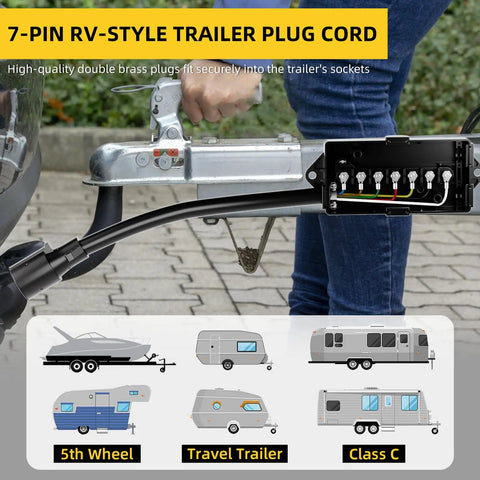7 Way Trailer Plug And Inline Connector Cord With Waterproof Junction Box, showing secure fit on trailer hitch, 8 ft heavy duty wiring.
