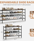 Expandable Metal Shoe Rack Space Saver With Four Tiers Freestanding Stackable Organizer Holds 16 To 24 Pairs And Extends From 33.3 To 47.5 Inches, Adjustable Width For Closet, Entryway, Hallway, Garage Or Front Door, showing expanded and contracted views with shoes