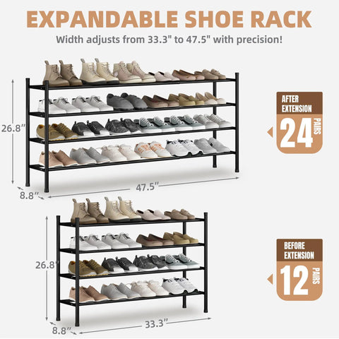 Expandable Metal Shoe Rack Space Saver With Four Tiers Freestanding Stackable Organizer Holds 16 To 24 Pairs And Extends From 33.3 To 47.5 Inches, Adjustable Width For Closet, Entryway, Hallway, Garage Or Front Door, showing expanded and contracted views with shoes