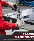 Side view of Flexzion brake line flaring tool in silver metal with T-handle on a workbench