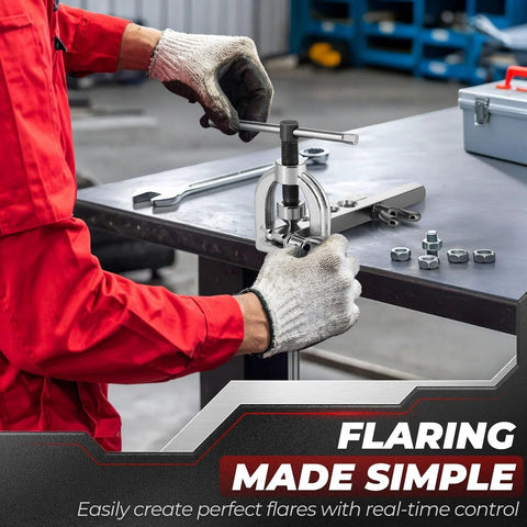 Side view of Flexzion brake line flaring tool in silver metal with T-handle on a workbench