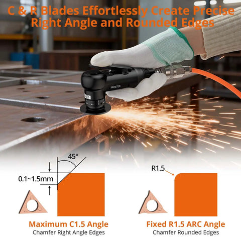 Air Powered Chamfer Tool Kit With Dual Blade System R And C Blades, 30000 RPM Deburring Machine in use on metal for precise chamfering