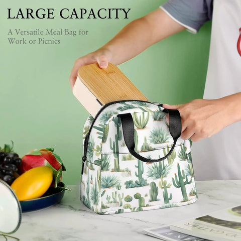 Person placing box into Insulated Lunch Bag For Women And Men Portable Lunch Tote Reusable Lunchbox With Eco Friendly Lining Keeps Food Fresh Warm Cold