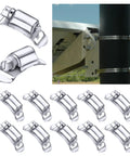 Hose clamp fasteners, 10-pack, 304 stainless steel worm-drive clamps for DIY use; shown installed on a post.