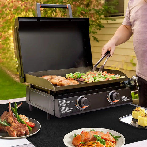 Heat Resistant Countertop And Grill Mats For Outdoor Grilling Up To 550 Degrees Fahrenheit Fireproof Table Protector 24 X 31 Inch 0.02 Inch Thick Mess Free Cleanup For Charcoal And Gas Grills Works With Blackstone And Ninja under an outdoor grill with various foods