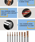 Carbide square end mill, 6 mm diameter, 4-flute; copper-coated cutting edges, shank visible with other end mills