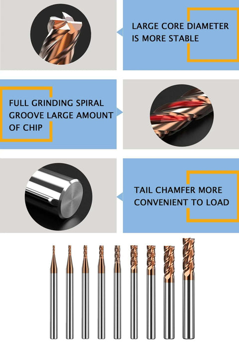 Carbide square end mill, 6 mm diameter, 4-flute; copper-coated cutting edges, shank visible with other end mills