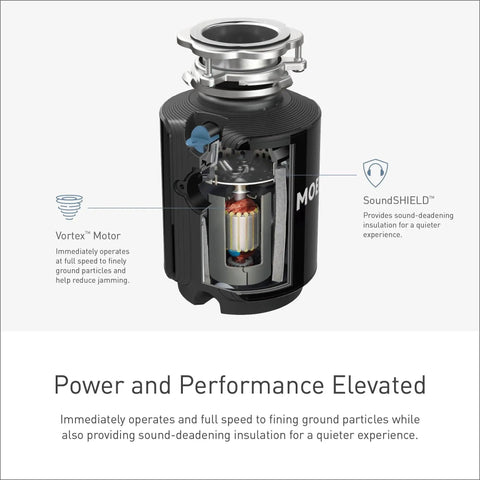 Cutaway view of powerful 1/2 HP continuous-feed garbage disposal with sound reduction, 2600 RPM vortex motor, and preinstalled power cord.