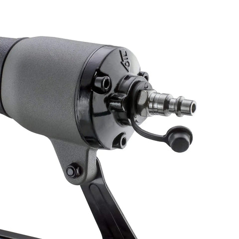 Close-up of air connector on Pneumatic 16 Gauge Straight Finish Nailer With 2000 Nails Pro Grade Lightweight Aluminum Body