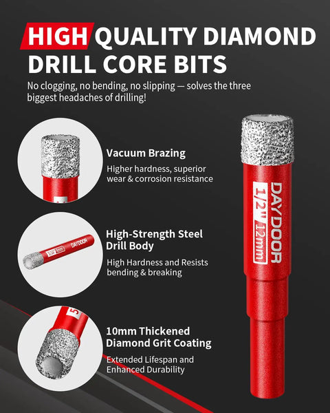 High-quality diamond core bits with vacuum brazing, 12mm, part of the Pro Grade Dry Diamond Drill Bits Set for porcelain