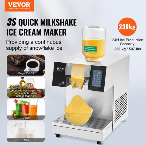 Built Different Commercial Snowflake Ice Machine Cranks Out 507 Lbs Daily With Fast Air Cooled Cooling And Tough Stainless Design Ideal For Cafes Bakeries Or Street Food Vendors, showing ice maker dispensing yellow snowflake ice.
