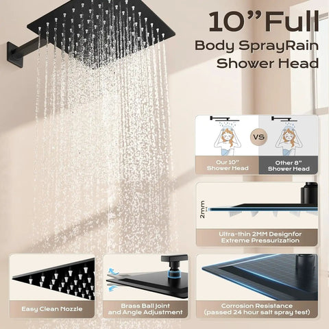 Slick Matte Black Shower Faucet Set With 10 Inch Rain Head And Handheld Sprayer, Boasting Top Shelf Pressure Balance For Zero Sweat Temperature Control In Any Home Setup