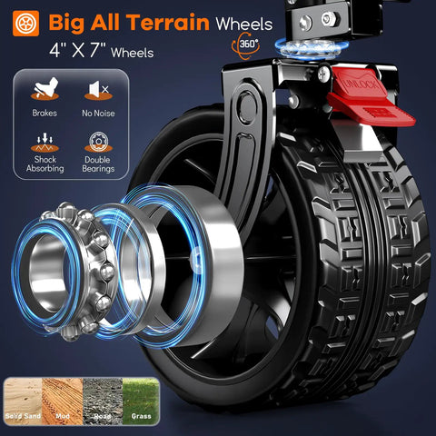 Close-up of all terrain wheel on Heavy Duty 48 Inch Collapsible Wagon Cart With 560 Lb Capacity And 300L Storage