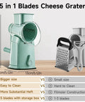 Rotary Cheese Grater Hand Crank 5 In 1 Mandoline Slicer next to a box grater, highlighting size and features comparison.