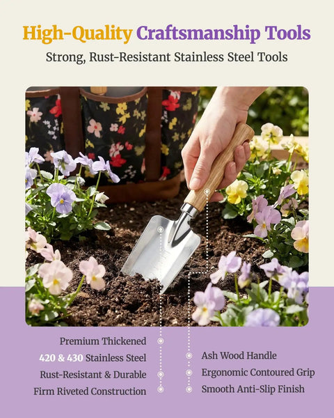 Hand using trowel from 10-Piece Garden Tool Set With Pro-Grade Stainless Steel Rust-Proof Tools Ergonomic Wood Handles Reinforced Organizer Bag All-Weather Durability The Ultimate Gift For Women And Moms Who Love Gardening