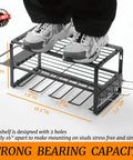 Person standing on Power Tool Organizer Heavy Duty Alloy Steel Garage Rack For Cordless Drill Holder And Tool Storage On Pegboard Wall Mount Space Saver And Easy Assembly For Home Shop Fathers Day Gift, showcasing its strong bearing capacity.