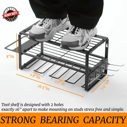 Person standing on Power Tool Organizer Heavy Duty Alloy Steel Garage Rack For Cordless Drill Holder And Tool Storage On Pegboard Wall Mount Space Saver And Easy Assembly For Home Shop Fathers Day Gift, showcasing its strong bearing capacity.